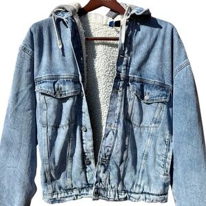Womens Divided H&M Denim Jacket Sherpa Fleece Lined Jean Jacket Coat with Hood